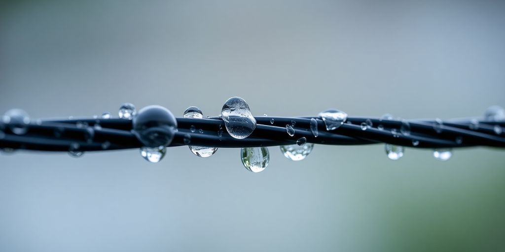 Close-up de gotas de água em um fio elétrico.