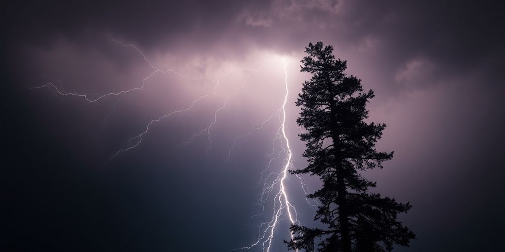 Relâmpago atingindo uma árvore em um céu tempestuoso.